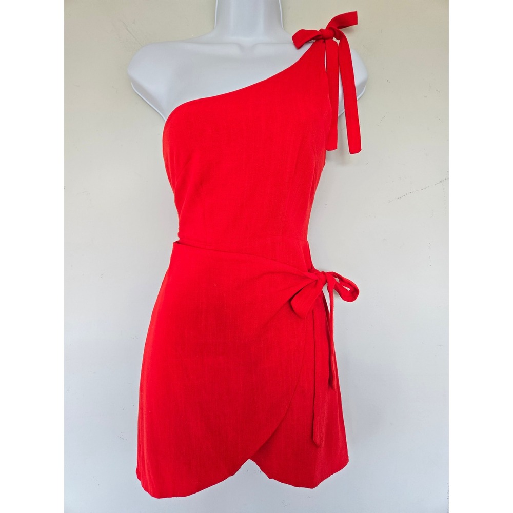 White Fox Red One Shoulder Linen Blend Wrap Mini Dress XS Resort Vacation Chic